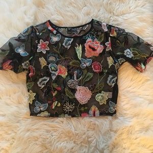 Embroidered floral mesh top